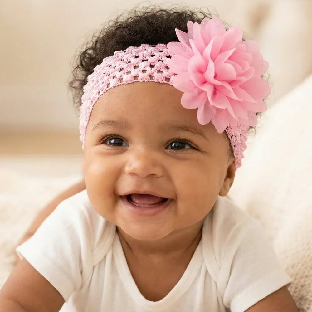 Baby Girl Pink Crochet Flower Headband | Soft Stretch Elastic | Newborn–Toddler